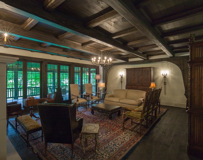 Oak wood beams on living room ceiling