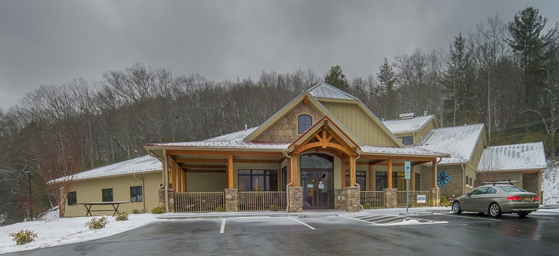 Commercial timber frame entry at Avery County Humane Society