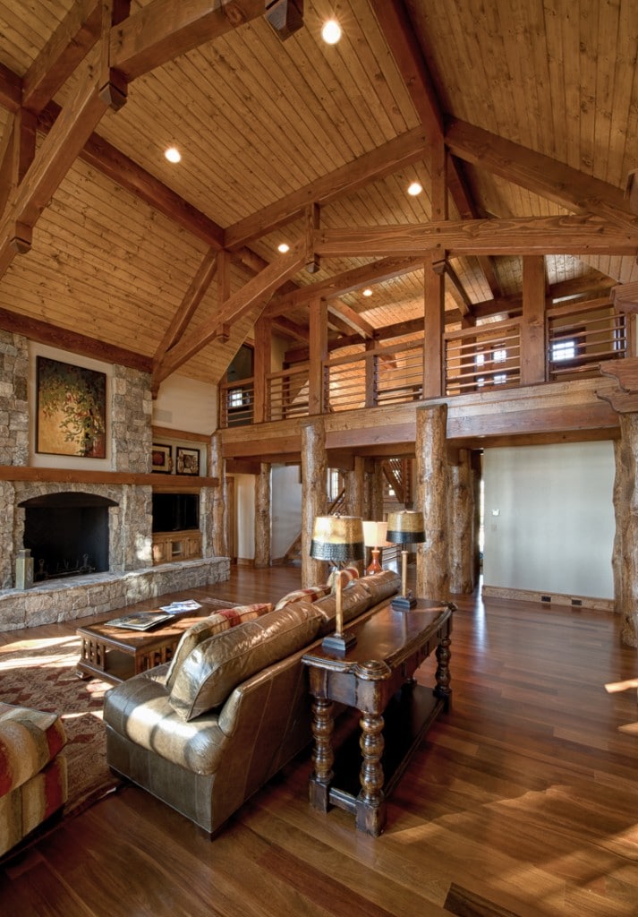 round log and square timber frame great room
