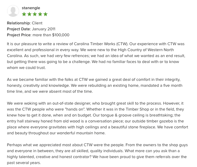 honest contractor - testimonial from satisfied customer